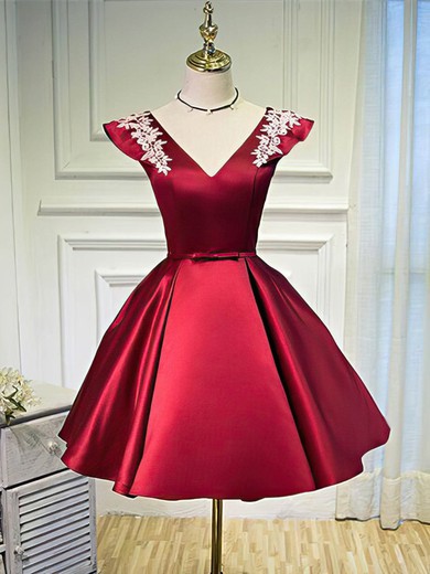 A-line V-neck Satin Short/Mini Short Prom Dresses With Appliques Lace #Favs020020110076