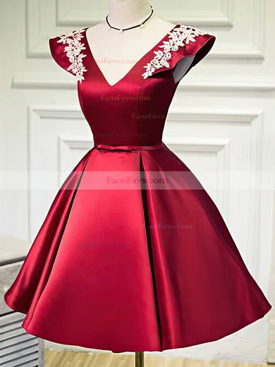 A-line V-neck Satin Short/Mini Short Prom Dresses With Appliques Lace #Favs020020110076