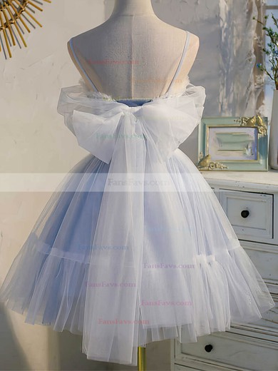 A-line V-neck Tulle Tea-length Short Prom Dresses With Appliques Lace #Favs020020110850