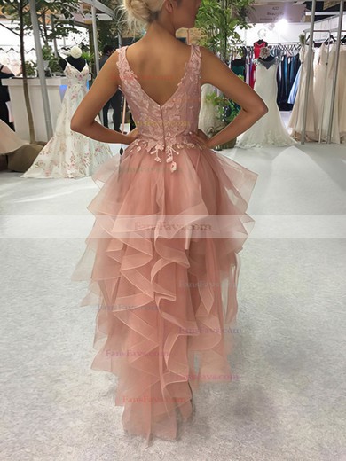 A-line V-neck Tulle Asymmetrical Short Prom Dresses With Lace #Favs020020111572
