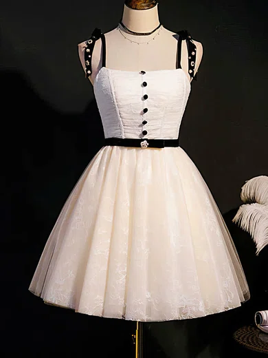 A-line V-neck Lace Tulle Knee-length Short Prom Dresses With Beading #Favs020020110851