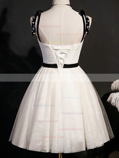 A-line V-neck Lace Tulle Knee-length Short Prom Dresses With Beading #Favs020020110851