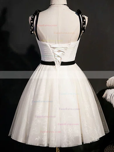 A-line V-neck Lace Tulle Knee-length Short Prom Dresses With Beading #Favs020020110851