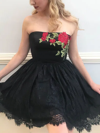A-line Strapless Lace Short/Mini Short Prom Dresses With Flower(s) #Favs020020111573