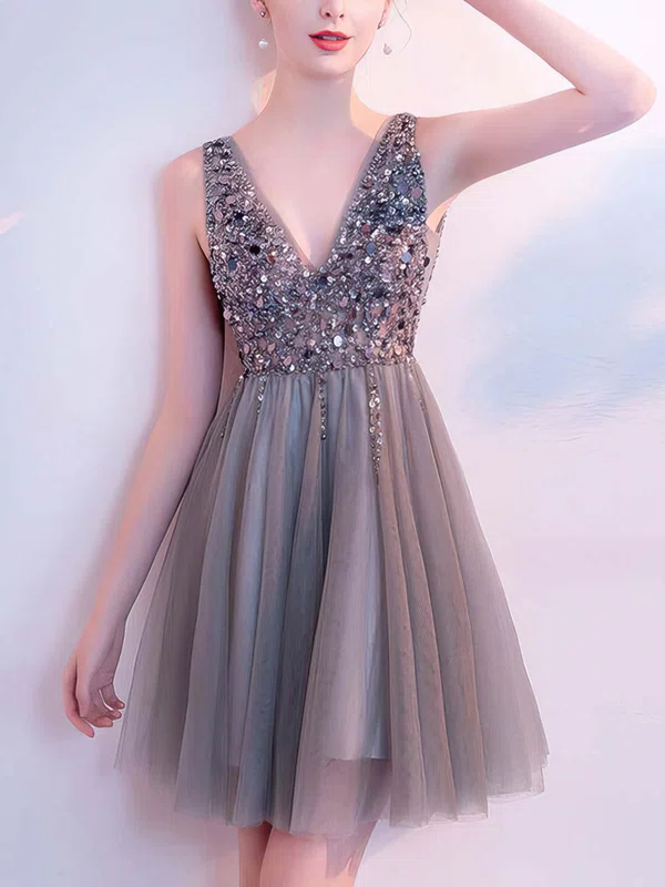 A-line V-neck Tulle Short/Mini Short Prom Dresses With Beading #Favs020020110079