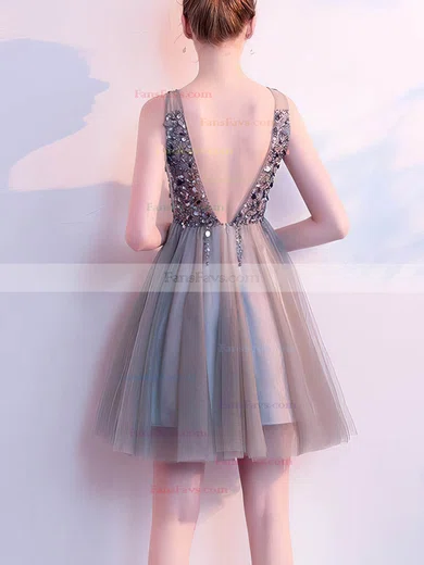 A-line V-neck Tulle Short/Mini Short Prom Dresses With Beading #Favs020020110079