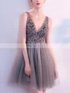 A-line V-neck Tulle Short/Mini Short Prom Dresses With Beading #Favs020020110079