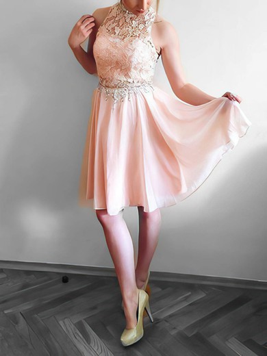 A-line High Neck Chiffon Knee-length Short Prom Dresses With Lace #Favs020020111574