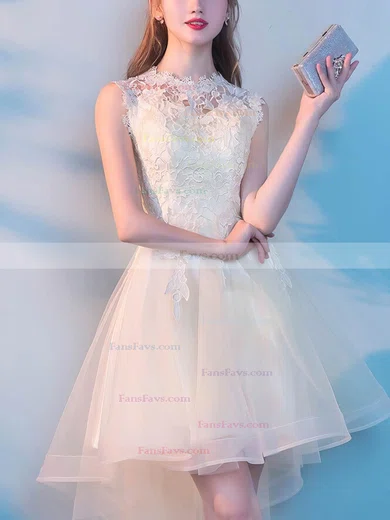 A-line Scoop Neck Lace Tulle Asymmetrical Short Prom Dresses With Appliques Lace #Favs020020110080