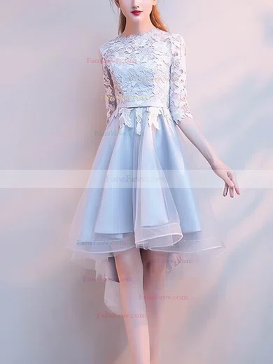 A-line Scoop Neck Lace Tulle Asymmetrical Short Prom Dresses With Appliques Lace #Favs020020110080