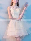 A-line Scoop Neck Lace Tulle Asymmetrical Short Prom Dresses With Appliques Lace #Favs020020110080
