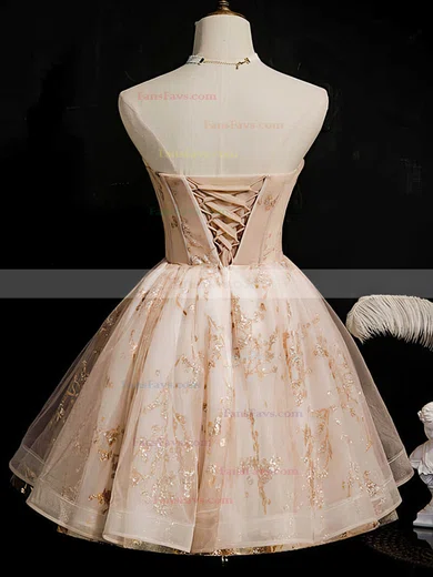 A-line Strapless Tulle Lace Short/Mini Short Prom Dresses With Beading #Favs020020110854