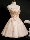 A-line Strapless Tulle Lace Short/Mini Short Prom Dresses With Beading #Favs020020110854