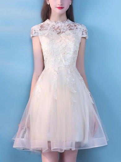 A-line Scoop Neck Lace Tulle Knee-length Short Prom Dresses With Appliques Lace #Favs020020110081