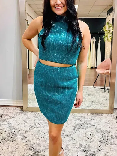 Sheath/Column High Neck Shimmer Crepe Short/Mini Short Prom Dresses With Beading #Favs020020110855