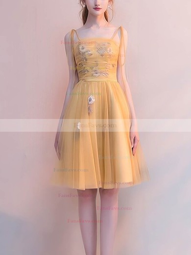 A-line Square Neckline Tulle Knee-length Short Prom Dresses With Ruffles|Sequins #Favs020020110082