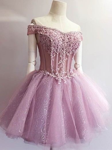 A-line Off-the-shoulder Lace Tulle Short/Mini Short Prom Dresses With Appliques Lace #Favs020020110085