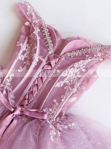 A-line Off-the-shoulder Lace Tulle Short/Mini Short Prom Dresses With Appliques Lace #Favs020020110085