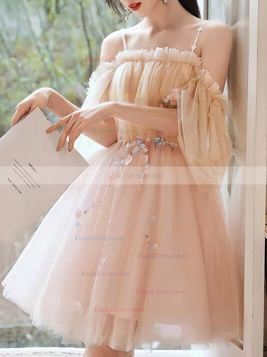 A-line Off-the-shoulder Tulle Short/Mini Short Prom Dresses With Flower(s) #Favs020020110086