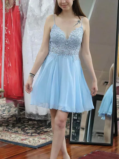 A-line V-neck Chiffon Short/Mini Short Prom Dresses With Lace #Favs020020111582