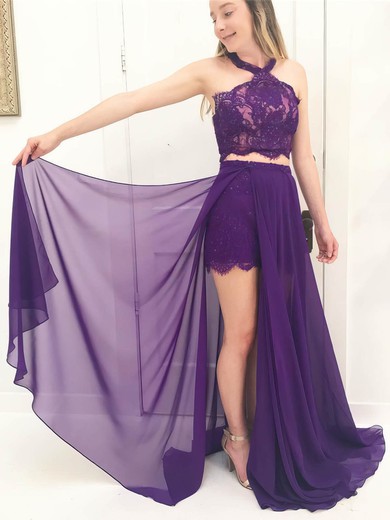 A-line Halter Chiffon Floor-length Appliques Lace Prom Dresses #Favs020106066