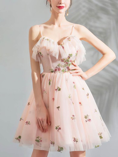 A-line V-neck Tulle Short/Mini Short Prom Dresses With Flower(s) #Favs020020110087