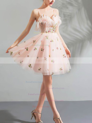 A-line V-neck Tulle Short/Mini Short Prom Dresses With Flower(s) #Favs020020110087