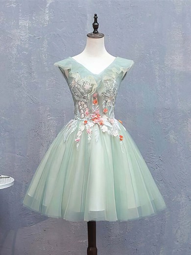 A-line V-neck Lace Tulle Short/Mini Short Prom Dresses With Flower(s) #Favs020020110088