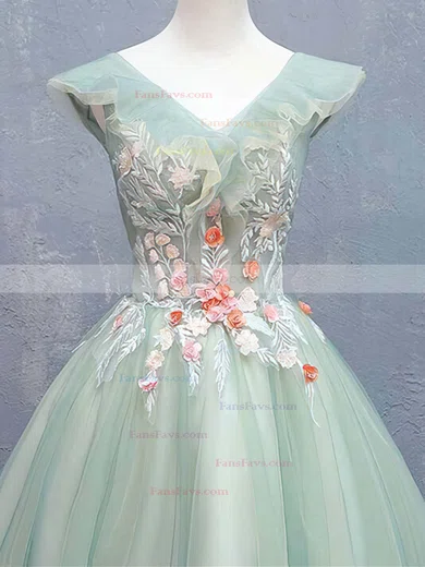 A-line V-neck Lace Tulle Short/Mini Short Prom Dresses With Flower(s) #Favs020020110088