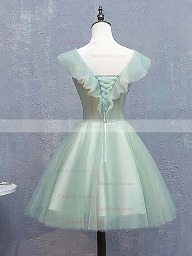 A-line V-neck Lace Tulle Short/Mini Short Prom Dresses With Flower(s) #Favs020020110088
