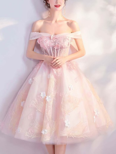 A-line Off-the-shoulder Lace Tulle Tea-length Short Prom Dresses With Appliques Lace #Favs020020110089