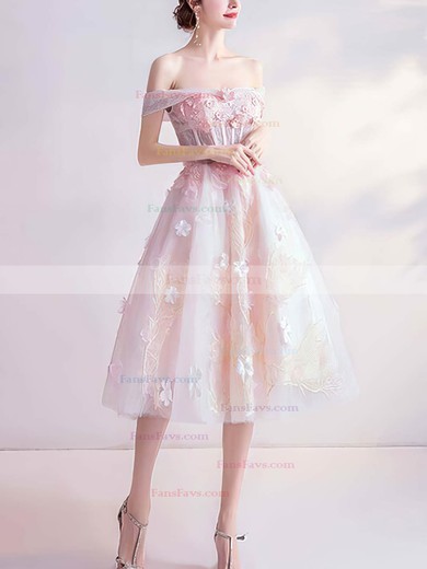 A-line Off-the-shoulder Lace Tulle Tea-length Short Prom Dresses With Appliques Lace #Favs020020110089