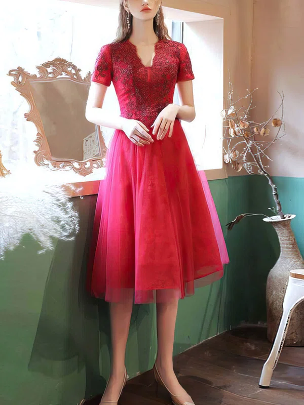 A-line V-neck Lace Tulle Tea-length Short Prom Dresses With Appliques Lace #Favs020020110090