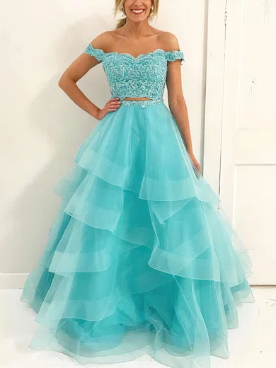 A-line Sweetheart Lace Organza Floor-length Cascading Ruffles Prom Dresses #Favs020106068