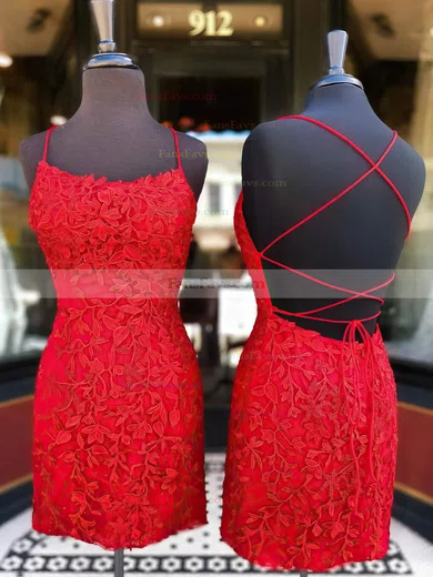 Sheath/Column Scoop Neck Lace Tulle Short/Mini Short Prom Dresses With Appliques Lace #Favs020020110092