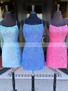 Sheath/Column Scoop Neck Lace Tulle Short/Mini Short Prom Dresses With Appliques Lace #Favs020020110092