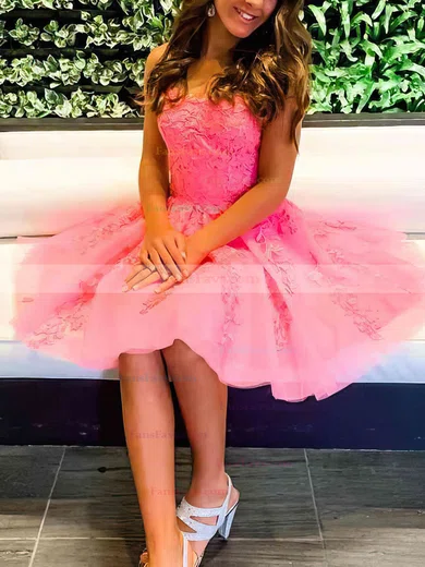 A-line Scoop Neck Lace Tulle Short/Mini Short Prom Dresses With Appliques Lace #Favs020020110093