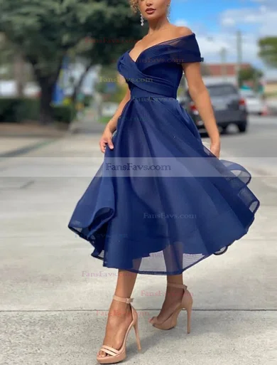 A-line Off-the-shoulder Organza Tea-length Pleats Short Prom Dresses #Favs020020109195