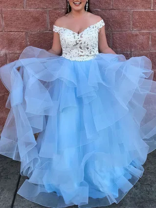 Princess Off-the-shoulder Organza Floor-length Appliques Lace Prom Dresses #Favs020106069