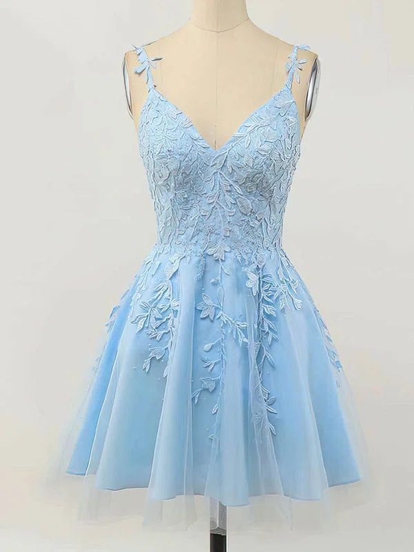 A-line V-neck Lace Tulle Short/Mini Short Prom Dresses With Appliques Lace #Favs020020110094