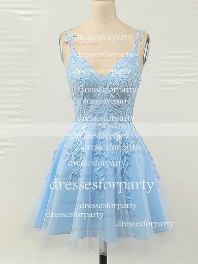 A-line V-neck Lace Tulle Short/Mini Short Prom Dresses With Appliques Lace #Favs020020110094