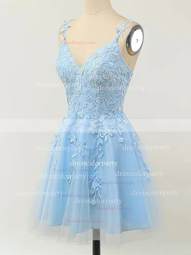 A-line V-neck Lace Tulle Short/Mini Short Prom Dresses With Appliques Lace #Favs020020110094