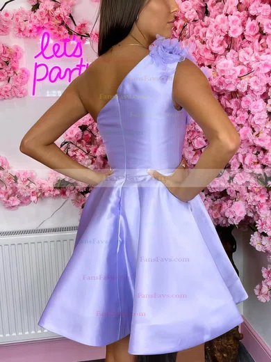 A-line One Shoulder Satin Short/Mini Short Prom Dresses With Flower(s) #Favs020020111592