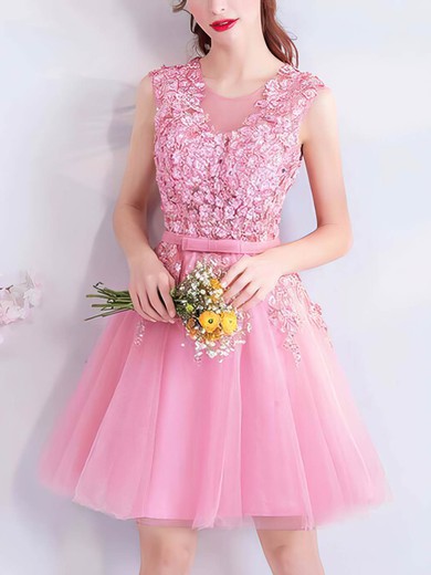 A-line Scoop Neck Lace Tulle Short/Mini Short Prom Dresses With Appliques Lace #Favs020020110096