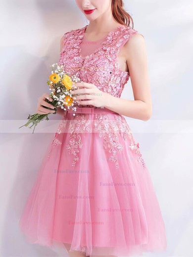 A-line Scoop Neck Lace Tulle Short/Mini Short Prom Dresses With Appliques Lace #Favs020020110096