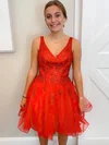 A-line V-neck Lace Tulle Short/Mini Short Prom Dresses With Appliques Lace #Favs020020111594