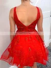 A-line V-neck Lace Tulle Short/Mini Short Prom Dresses With Appliques Lace #Favs020020111594