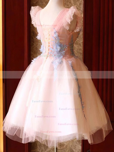 A-line V-neck Lace Tulle Knee-length Short Prom Dresses With Appliques Lace #Favs020020110098