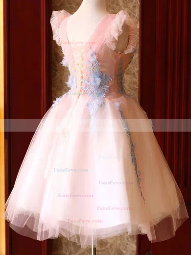 A-line V-neck Lace Tulle Knee-length Short Prom Dresses With Appliques Lace #Favs020020110098