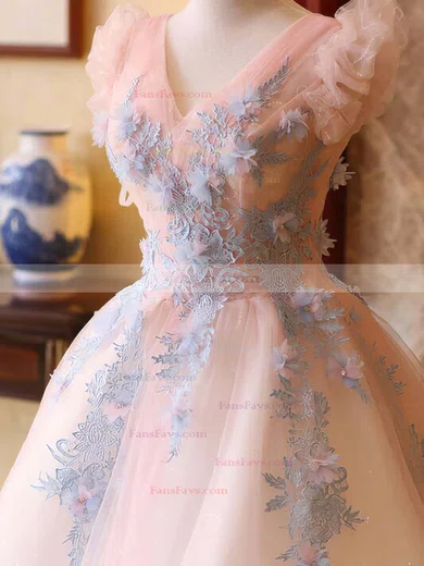 A-line V-neck Lace Tulle Knee-length Short Prom Dresses With Appliques Lace #Favs020020110098